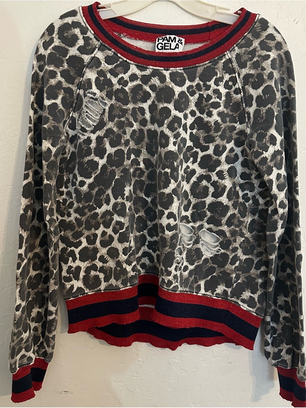 Pam & Gela Gray Leopard-Print Crewneck with Red & Navy Trim
